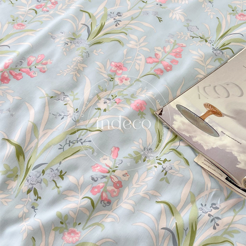 Blue green floral bedding in sateen fabric